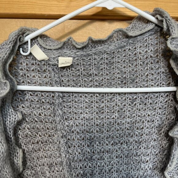 Moth Womens Small Cocoon Ruffle Cardigan Flutter Sleeve Boho Waffle Knit Sweater - Picture 2 of 5